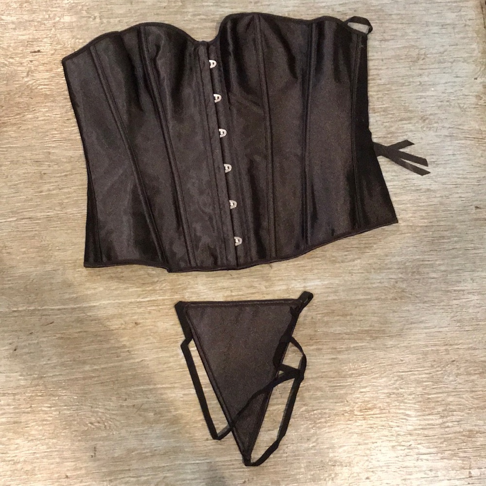 Black, lace up corset with matching thong
